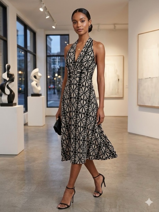 Evan Picone Dresses & Skirts - Evan Picone Black Beige Geometric Halter Midi Dress 10P Petite Cocktail Party